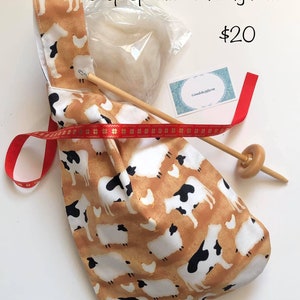 Drop Spindle in a bag kit!!! Bottom whorl drop spindle and 1 oz wool fiber in my handmade sheep knot bag!