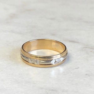 14kt Yellow and White Gold Two-Tone 5mm Wide Etching Design Solid Unisex Wedding Band at a Very Affordable Price.