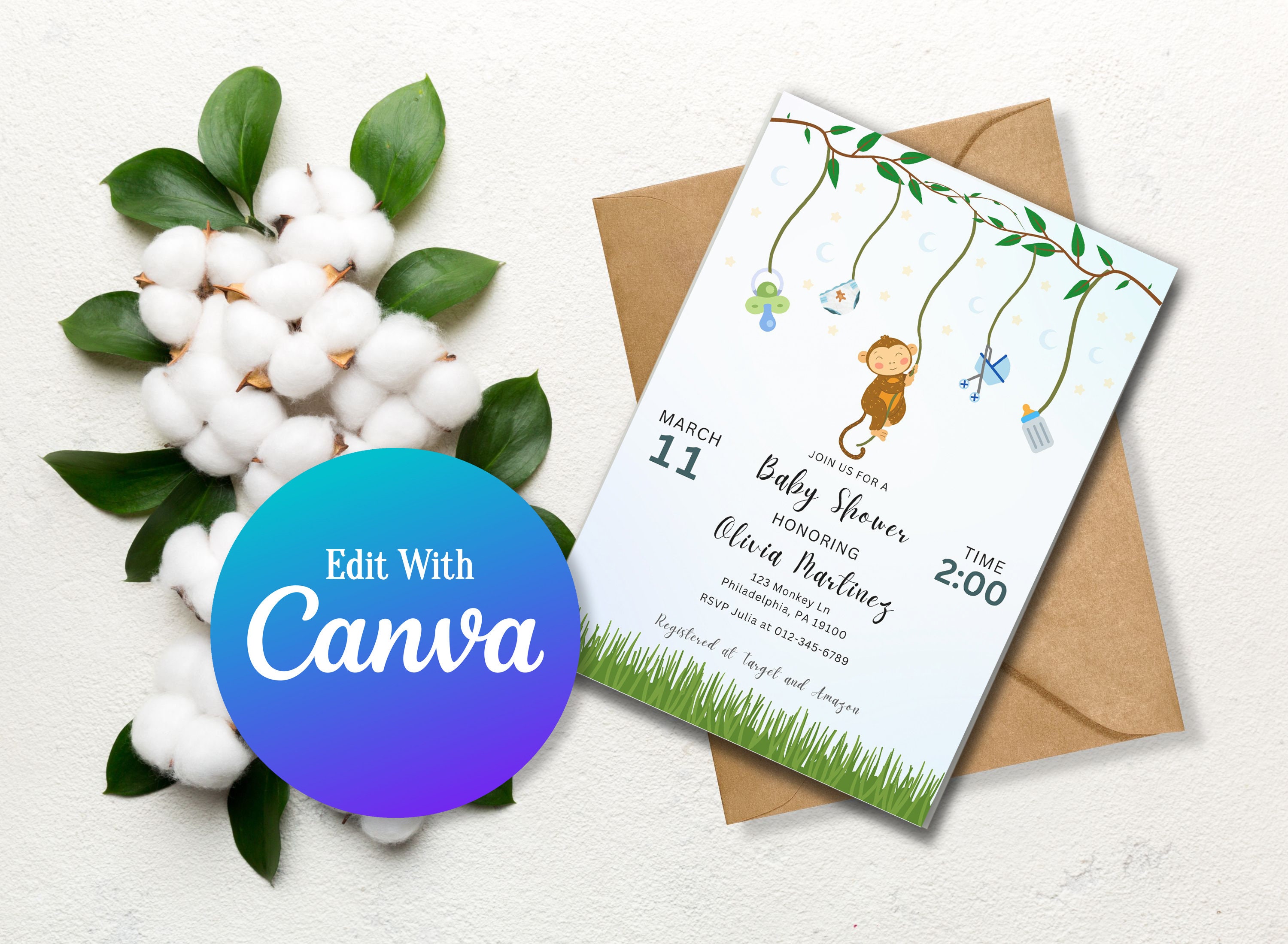 Editable Monkey Baby Shower Invitation Baby Monkey Boy Baby Etsy