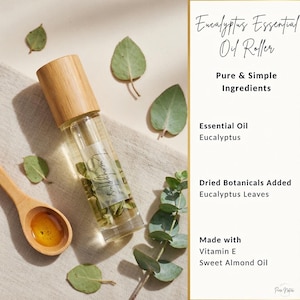 Eucalyptus essential oil roller with real dried eucalyptus leaves all natural organic aromatherapy roller pure essential oil vitamin E sweet almond oil