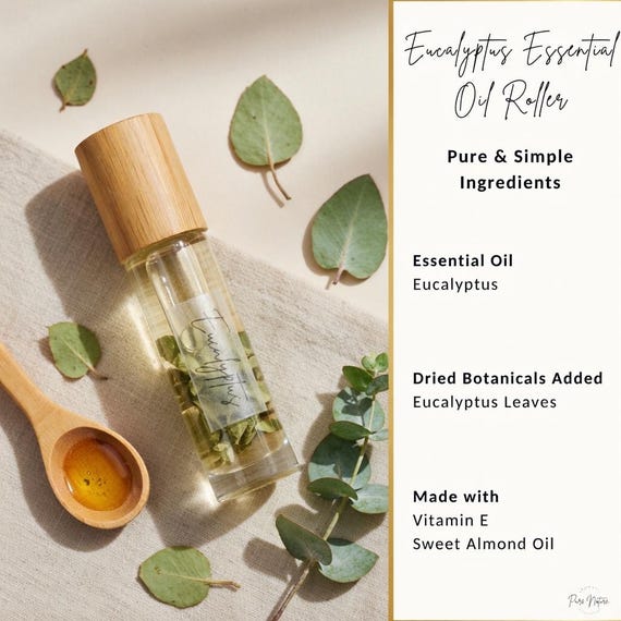 Eucalyptus Essential Oil Roller  Organic Aromatherapy with Dried Leaves | Back-to-School Gift