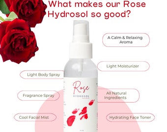 Hydrosol | Rose | Handcrafted Steam Distilled | Organic | Facial Toner | Natural | Floral Water | Aromatherapy | Skin Care | Linen Spray