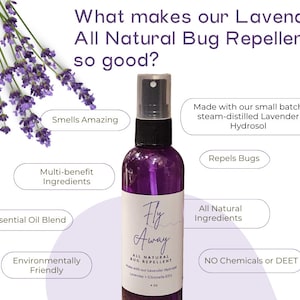 May include: A purple spray bottle of "Fly Away" all-natural bug repellent, with lavender sprigs in the background. The label highlights features like essential oil blend, all-natural ingredients, and no chemicals or DEET.