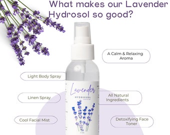 Hydrosol | Lavender | Handcrafted Steam Distilled | Organic | Facial Toner | Natural | Floral Water | Aromatherapy | Skin Care | Linen