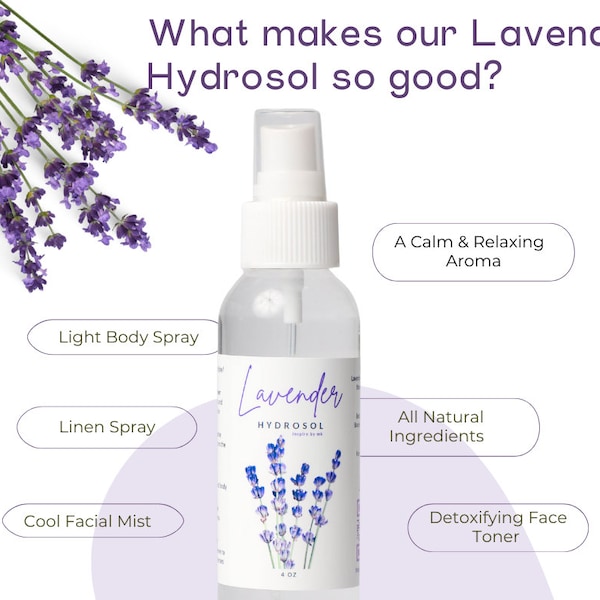 Hydrosol | Lavender | Handcrafted Steam Distilled | Organic | Facial Toner | Natural | Floral Water | Aromatherapy | Skin Care | Linen