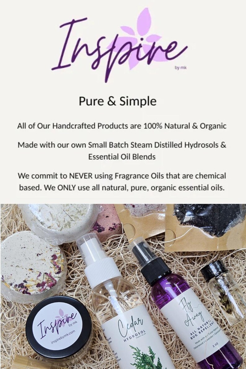Inspirebymk all natural organic handmade products pure and simple 100% natural essential oil rollers shower steamers hydrosols bath salts bug repellent cedar hydrosol
