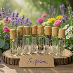 All natural essential oil roller collection set with dried botanicals floral lavender jasmine and rose blends handmade aromatherapy perfume oil