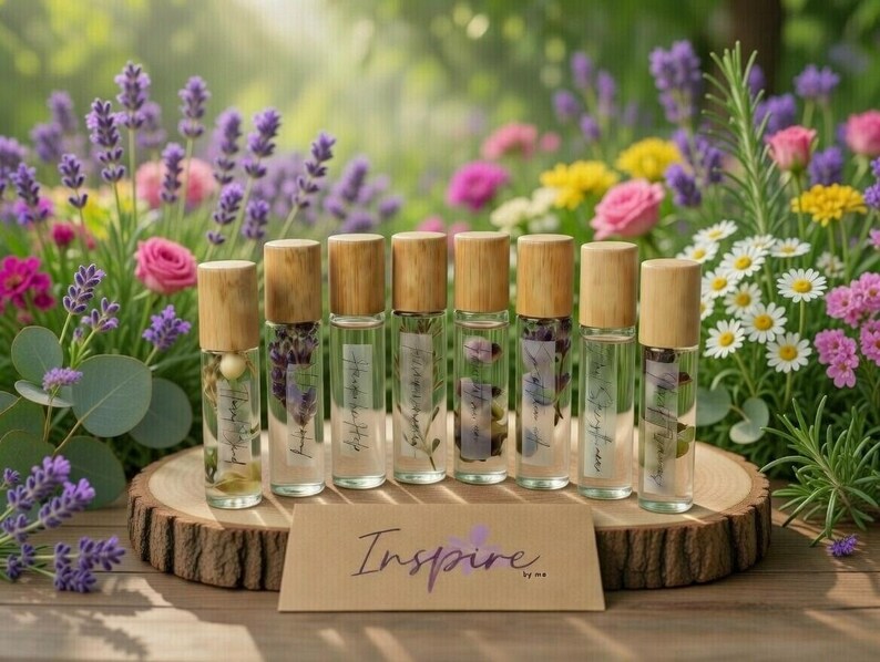 All natural essential oil roller collection set with dried botanicals floral lavender jasmine and rose blends handmade aromatherapy perfume oil