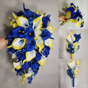 Royal Blue Yellow Calla Lily Bridal Wedding Bouquet Accessories