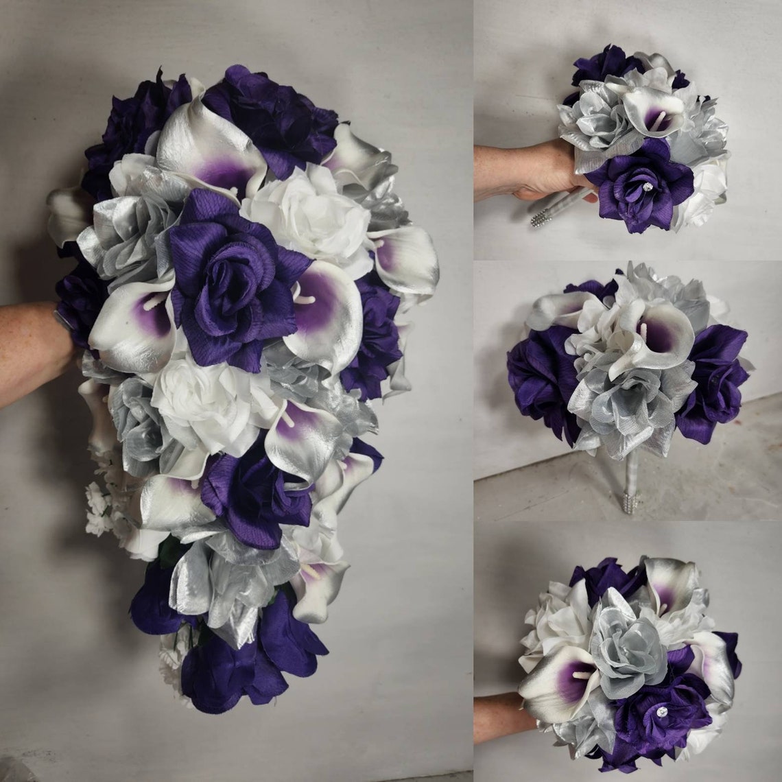 Purple Silver White Rose Calla Lily Bridal Wedding Bouquet image 1