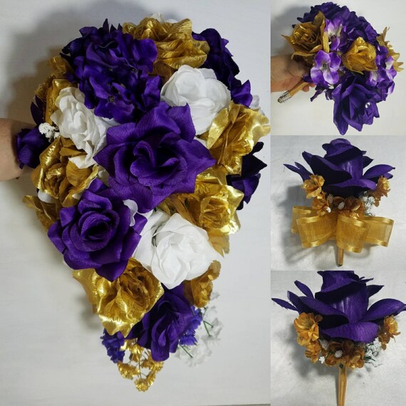 Purple Gold White Rose Bridal Wedding Bouquet Accessories 