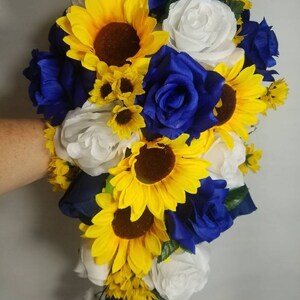 Royal Blue White Rose Sunflower Bridal Wedding Bouquet Accessories image 2