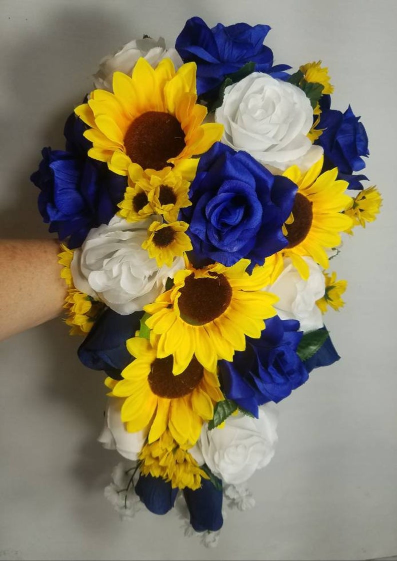 Royal Blue White Rose Sunflower Bridal Wedding Bouquet Accessories image 2