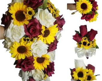 Burgundy Ivory Rose Sunflower Bridal Wedding Bouquet Accessories