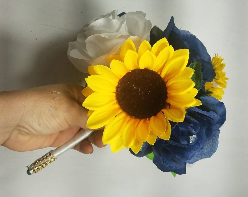 Navy Blue White Rose Sunflower Bridal Wedding Bouquet Etsy