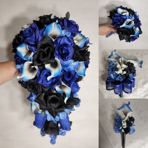 Royal Blue Black Rose Calla Lily Bridal Wedding Bouquet Accessories 