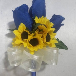 Royal Blue White Rose Sunflower Bridal Wedding Bouquet Accessories image 3