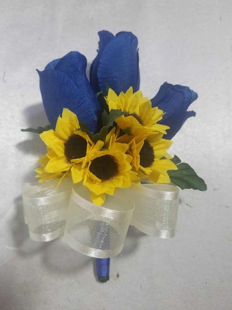 Royal Blue White Rose Sunflower Bridal Wedding Bouquet Accessories image 3