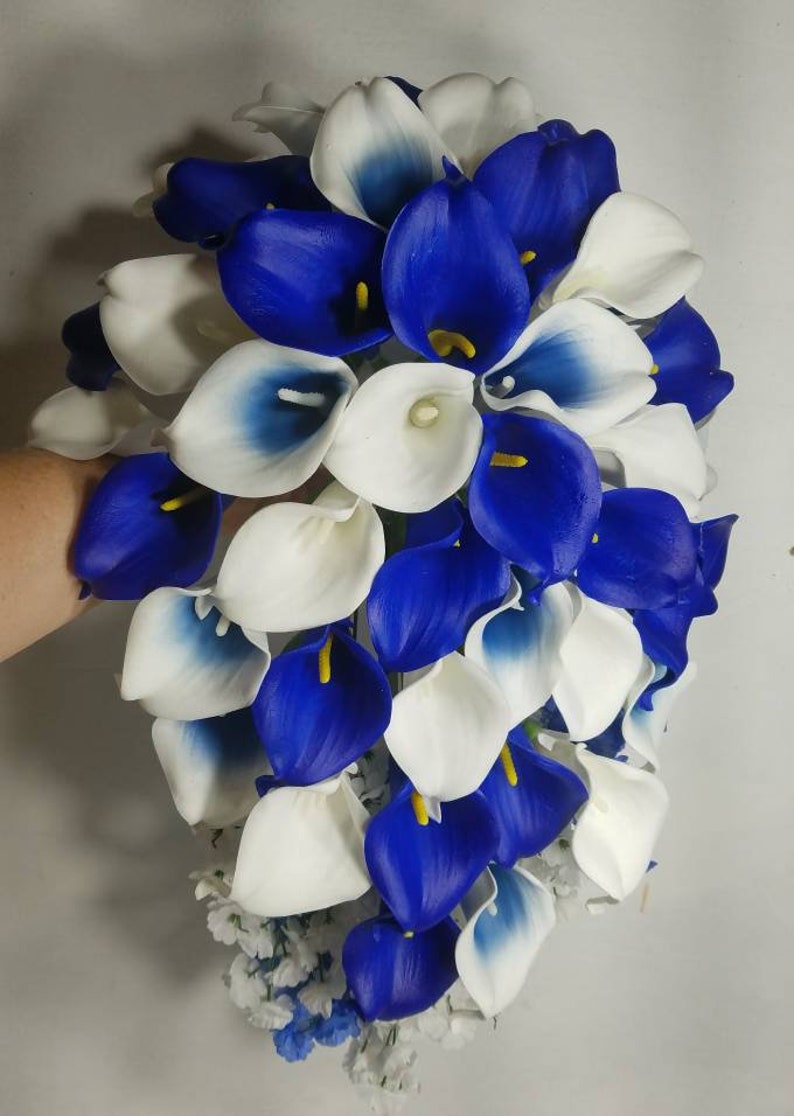 Royal Blue Ivory White Calla Lily Bridal Wedding Bouquet - Etsy