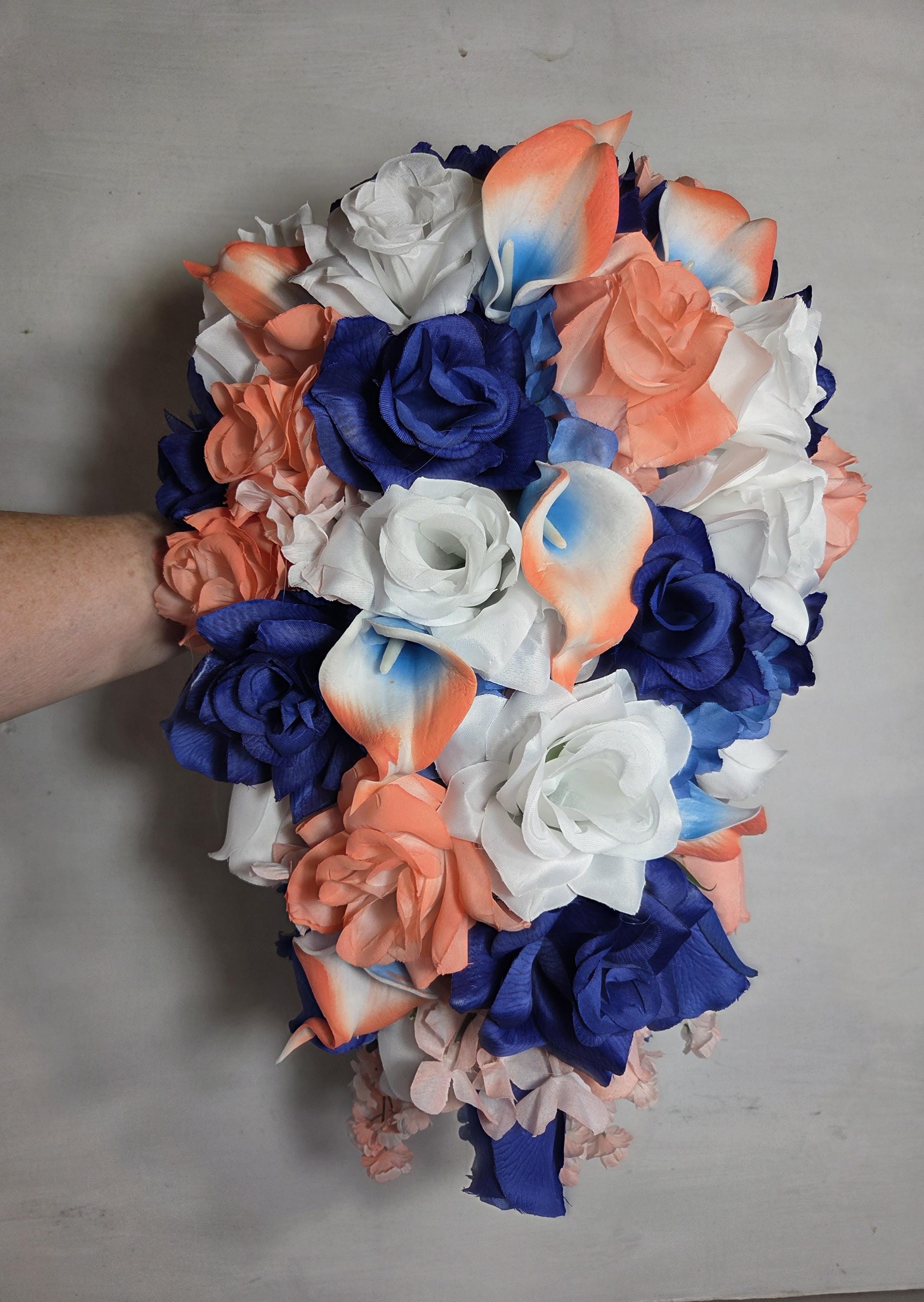 Peach Royal Blue White Rose Calla Lily Bridal Wedding Bouquet ...