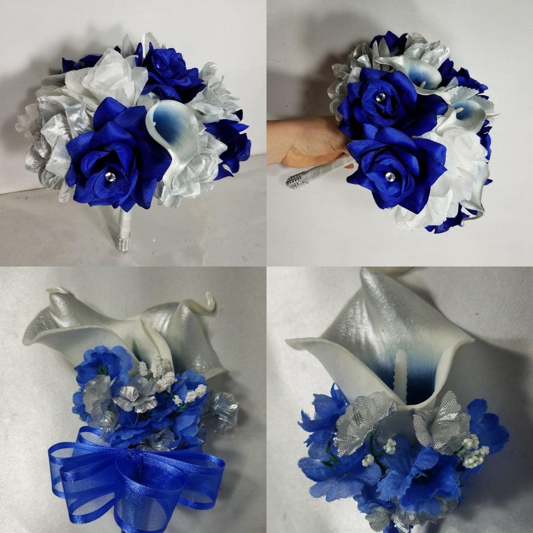 Royal Blue Silver White Rose Calla Lily Bridal Wedding Bouquet ...