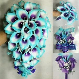 Purple Turquoise Calla Lily Bridal Wedding Bouquet Accessories