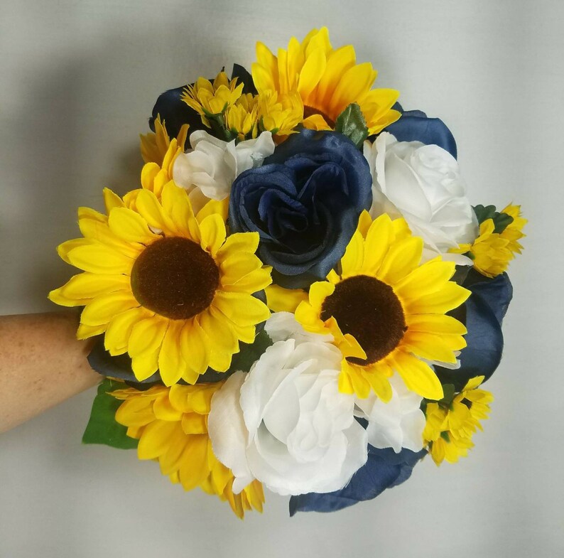 Navy Blue White Rose Sunflower Bridal Wedding Bouquet Etsy
