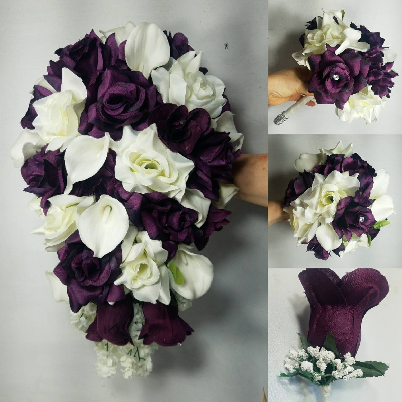 Eggplant Ivory Rose Calla Lily Bridal Wedding Bouquet Etsy