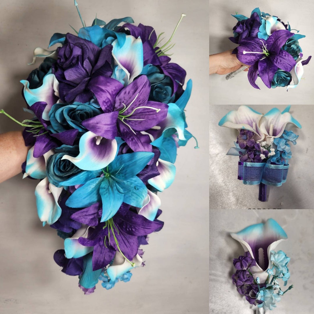 Teal Purple Rose Tiger Lily Bridal Wedding Bouquet Accessories Etsy