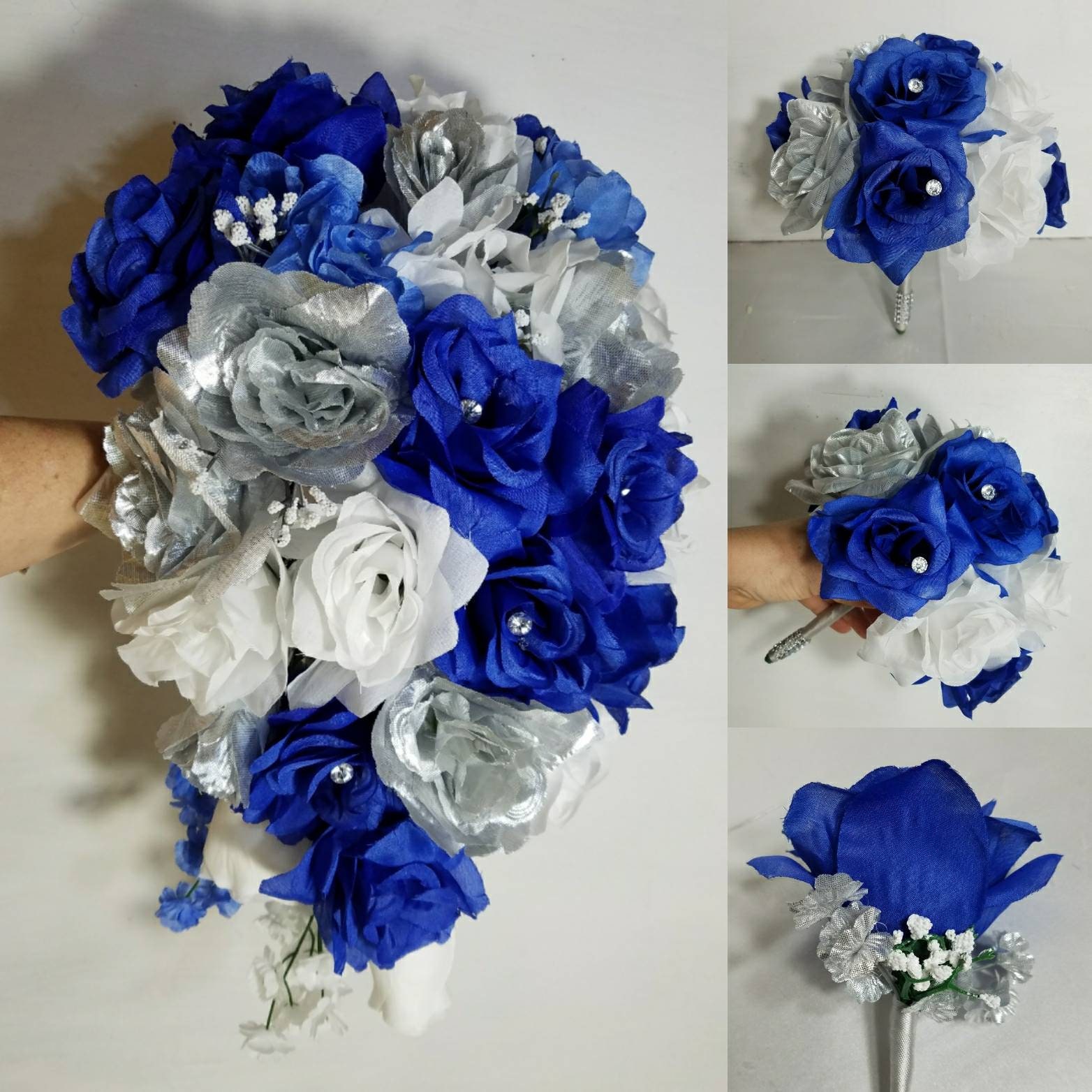 Royal Blue Silver White Rose Bridal Wedding Bouquet Etsy