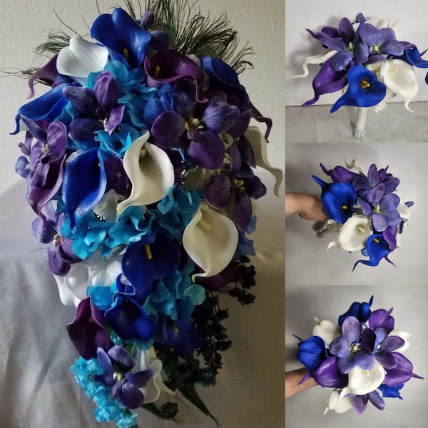 Peacock Royal Blue Purple Turquoise Ivory Calla Lily Orchid Bridal Wedding Bouquet Accessories