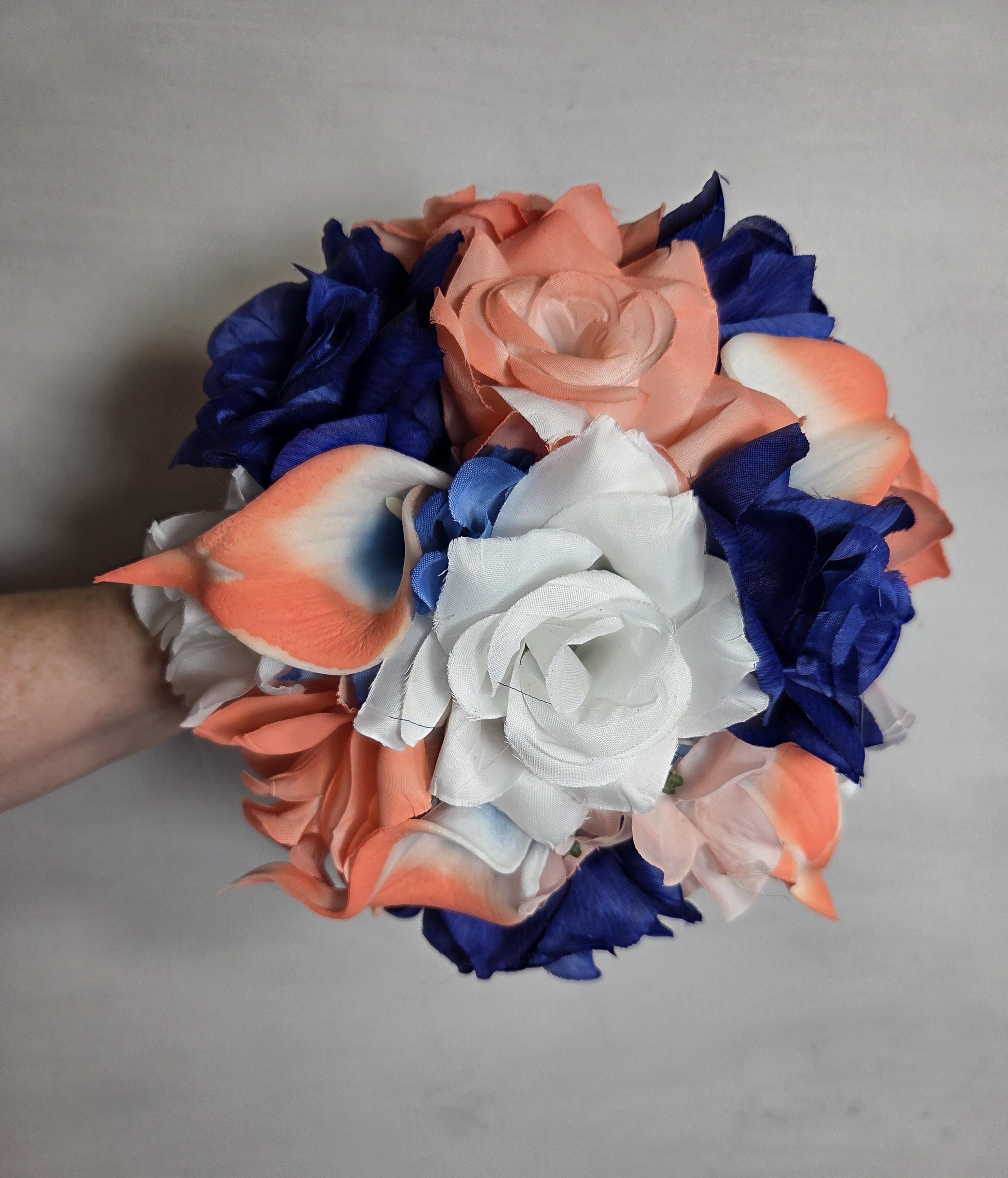 Peach Royal Blue White Rose Calla Lily Bridal Wedding Bouquet ...