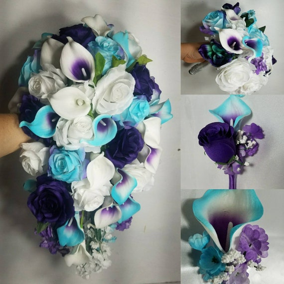 Turquoise Purple White Rose Calla Lily Orchid Wedding Bouquet & Boutonniere 