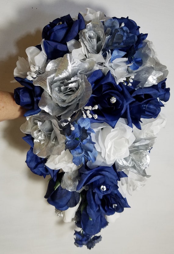 Navy Blue Silver White Rose Cascading Bridal Wedding Bouquet Etsy