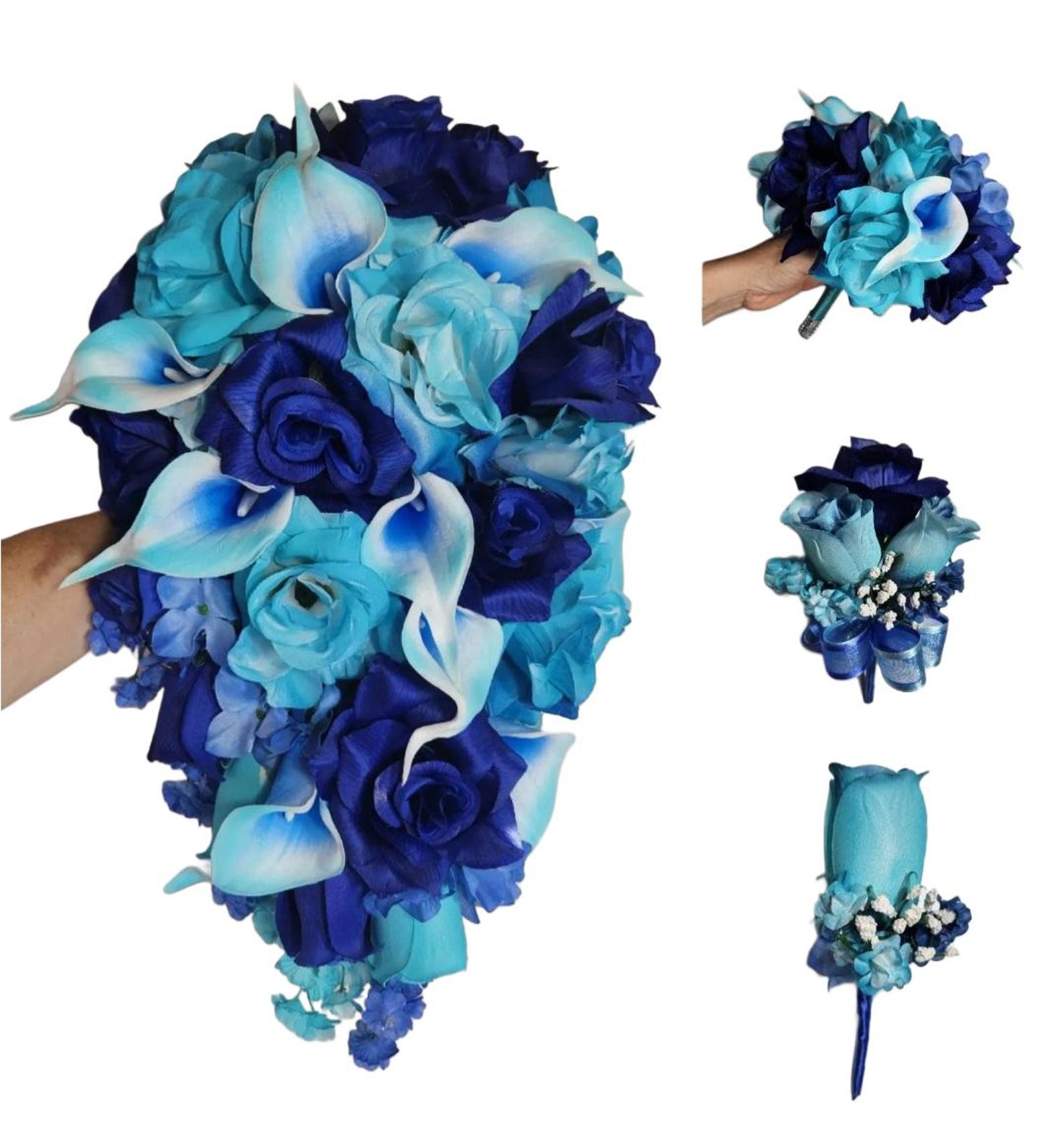 Turquoise Royal Blue Rose Calla Lily Bridal Wedding Bouquet Accessories ...