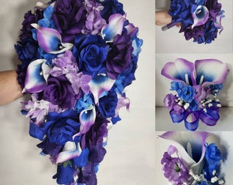 Pink Royal Blue Rose Calla Lily Bridal Wedding Bouquet Accessories