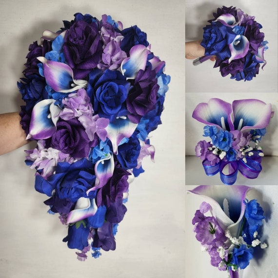 Purple Royal Blue Rose Calla Lily Bridal Wedding Bouquet Accessories 