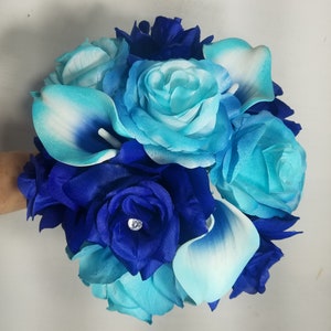 Turquoise Royal Blue Rose Calla Lily Bridal Wedding Bouquet - Etsy