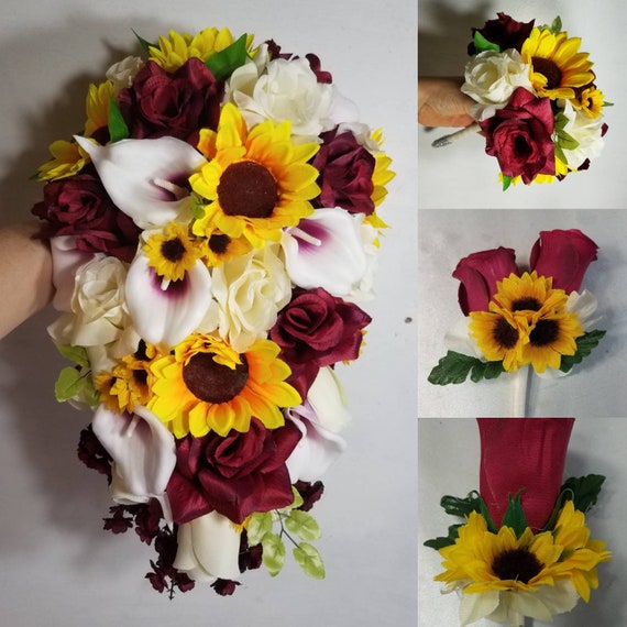 Burgundy Rose Calla Lily Sunflower Bridal Wedding Bouquet & Accessories 