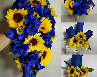 Royal Blue Rose Cala Lily Sunflower Bridal Wedding Bouquet Accessories