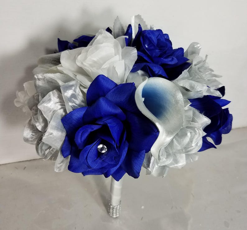 Royal Blue Silver White Rose Calla Lily Bridal Wedding Bouquet ...
