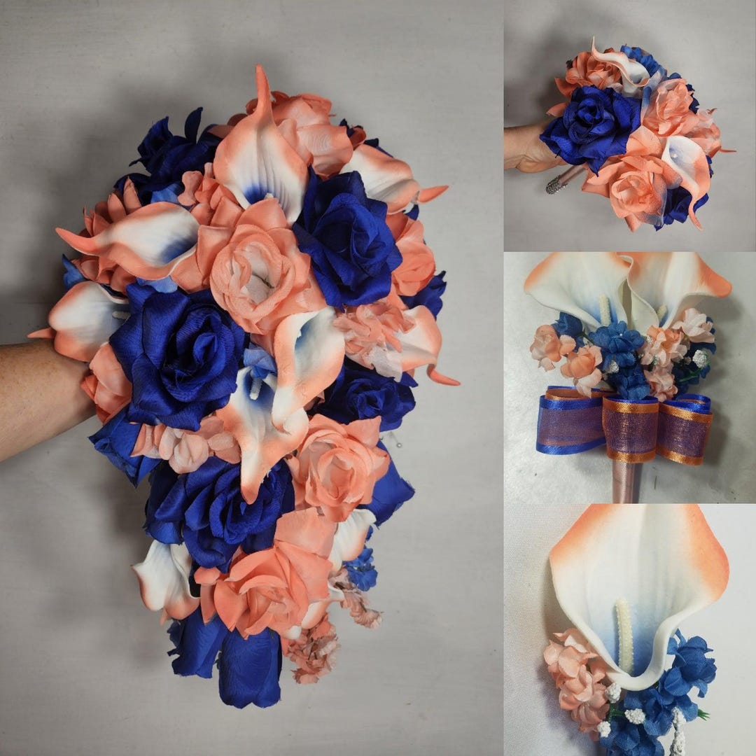 Coral Royal Blue Rose Calla Lily Bridal Wedding Bouquet Accessories - Etsy