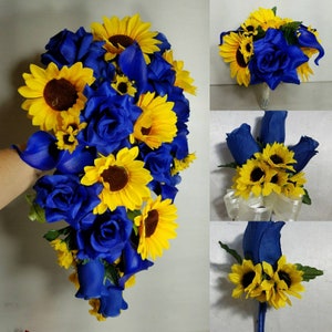 Royal Blue Rose Calla Lily Sunflower Bridal Wedding Bouquet Accessories