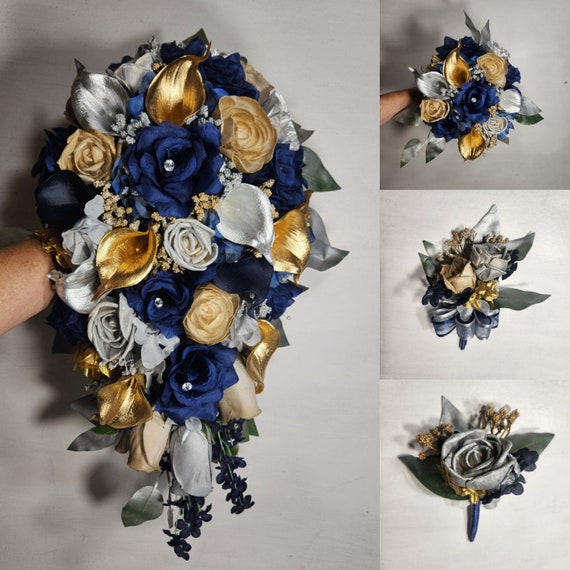 Silver Navy Blue Gold Theme Bridal Wedding Bouquet Accessories 