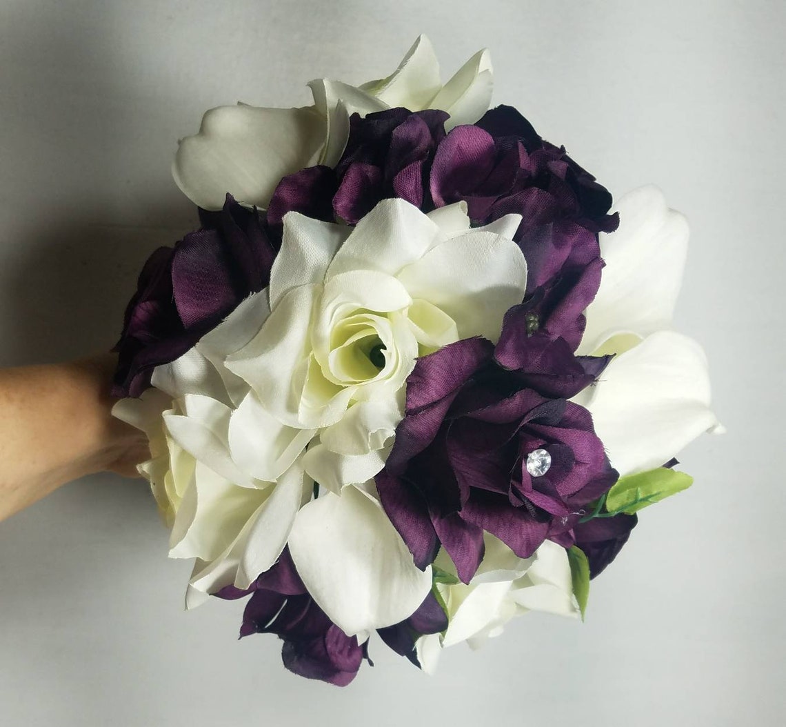 Eggplant Ivory Rose Calla Lily Bridal Wedding Bouquet Etsy
