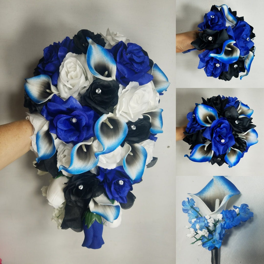 Royal Blue Black White Rose Calla Lily Bridal Wedding Bouquet ...