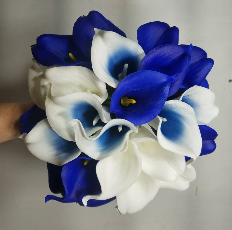 Royal Blue Ivory White Calla Lily Bridal Wedding Bouquet - Etsy