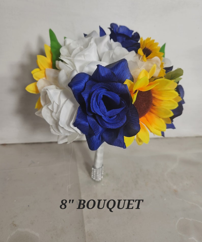 Royal Blue White Rose Sunflower Bridal Wedding Bouquet Accessories image 6