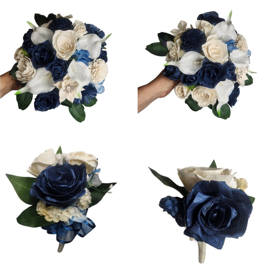 Navy Blue Ivory Rose Sola Wood Bridal Wedding Bouquet Accessories - Etsy