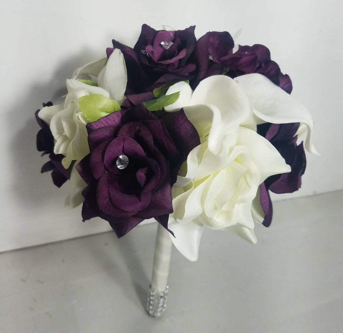 Eggplant Ivory Rose Calla Lily Bridal Wedding Bouquet Etsy